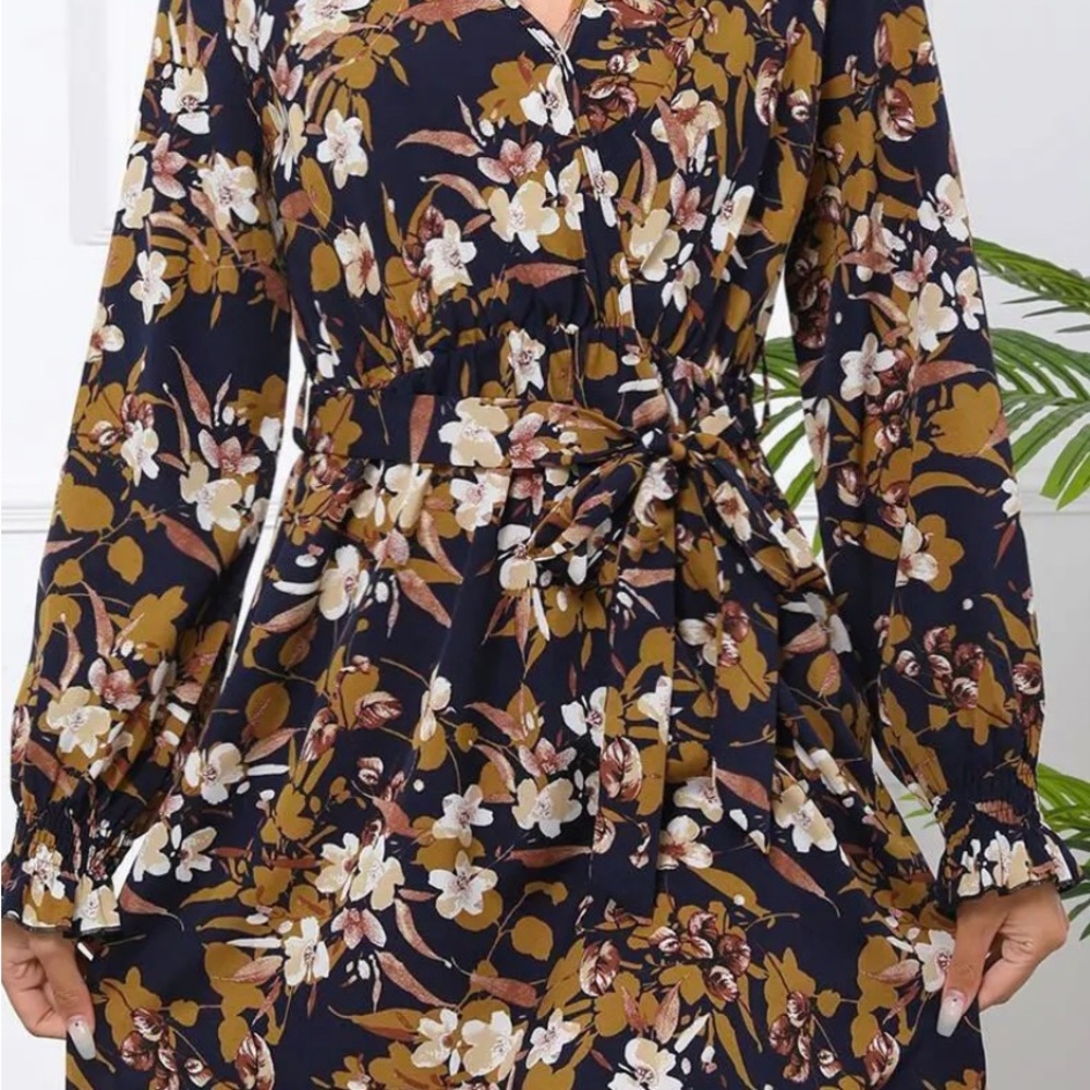 Floral Long Sleeve Dress, Fall Dress Brown Tan Black